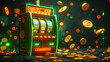 A casino slot machine with a green background giving a coin prize. Concept of prizes and casinos