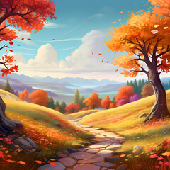 Poster - A serene autumn landscape with colorful leaves and greenery