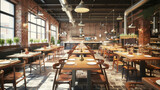 Fototapeta  - Inviting rows of tables set in a chic industrial-style restaurant waiting for guests.
