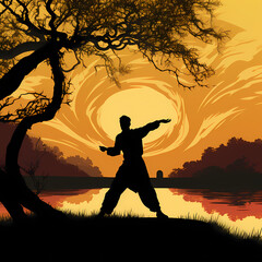 Poster - A silhouette of a person practicing tai chi in a park