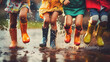 Joyful kids in colorful rainwear jumping and splashing in water, showcasing childhood fun and friendship. Happy children jumping in a puddle on a rainy day.