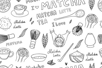 Wall Mural - Seamless pattern of hand drawn matcha tea theme elements in doodle style. Matcha powder, Matcha Measuring Spoon, bamboo whisk, japanese tea, matcha latte, cup in hands. Cute vector illustration EPS10