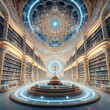 virtual view of golden-blue  Akashi library extraterrestrial magical  space. knowledge  mystery concept. Ai generated.