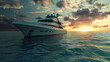 ship in the sea, Aerial tracking top down video of luxury yacht cruising in deep blue open ocean sea, cruise ship in the sunset