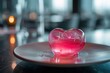 minimalists style close up creative angle view of a gentle pink jelly dessert in shape of heart, served stylish in a luxury restaurant