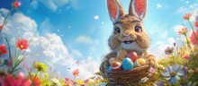 Charming Digital Of A Chubby Rabbit Holding Easter Basket Amidst Blooming Spring Flowers And Radiant Blue Sky