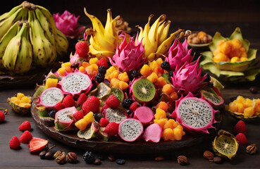 Indulge in a tropical feast for the senses, with a diverse selection of fruits ranging from the exotic dragon fruit to the familiar banana, each one a unique and delicious treat