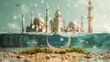 Submerged crescent moon and star in water with 3D mosque silhouette on a sandy bottom, reflecting Eid al-Adha's prosperity and spirit