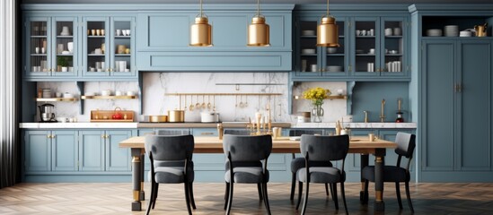 Canvas Print - A kitchen with blue cabinets, a wooden table, and metal chairs. The flooring is paved with wood, giving a cozy city feel. The facade of the building is modern, with a stylish roof