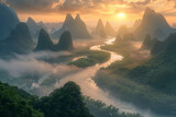 Fototapeta  - Misty mountains and rivers at dusk and sunset