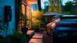 Electric car charging at home, dusk, eco-friendly transportation, modern living.