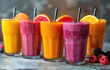 Bottles of assorted healthy fresh vegetable and fruit smoothies in a receding diagonal row with straws generated with ai
