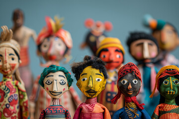 Global People diversity concept art shows in colorful puppet figures, Multi ethical and multi national handcrafted human figures standing in rows, Traditional handmade doll Souvenirs in fancy costumes