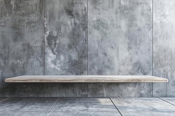 Wall Mural - Empty gray concrete studio room with cement wall, floor, and shelf for product display, 3D rendering