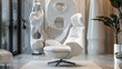 the essence of modern elegance: a pristine white office chair nestled in a private residence, amidst sleek organic shapes and towering totems