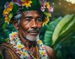 Elderly Man Embracing Tradition: Hawaiian Lei Adornment