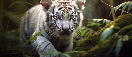 Wall Mural - A Bengal tiger, a carnivorous big cat from the Felidae family, with whiskers, is prowling through a dense green forest