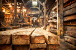 Inside a timber mill with stacks of lumber ready for processing, bathed in a warm, golden light that highlights the woods texture