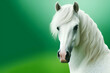 A white horse with a black nose and a black nose with green background, generative ai