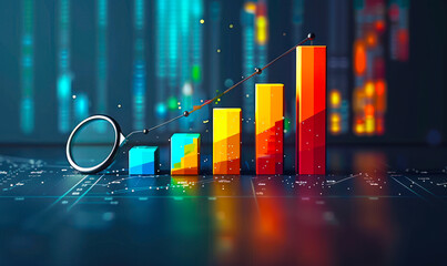 Poster - Magnifying glass focusing on colorful bar graph and pie chart data visualization on financial reports, analyzing business statistics and performance indicators.