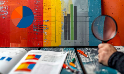 Poster - Magnifying glass focusing on colorful bar graph and pie chart data visualization on financial reports, analyzing business statistics and performance indicators.