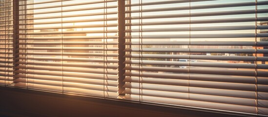 Sticker - The sun shines through the brown window blinds, casting tints and shades on the wooden fixtures of the building, highlighting the beauty of the house