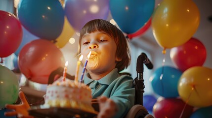 A cute 5 year old boy with a disability in a wheelchair holds a cake surrounded by colorful balloons