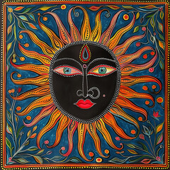 Wall Mural - Traditional Madhubani style painting of the face of a god surrounded by sunburst rays.