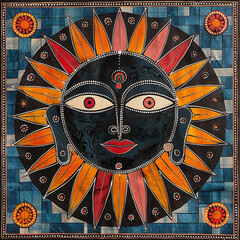 Wall Mural - Traditional Madhubani style painting of the face of a god surrounded by sunburst rays.