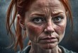 50 year old redhead woman with brown shiny eyes, red hair  deeply depressed expression.