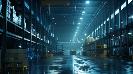 Poster - The interior of a modern industrial warehouse captured at night, showcasing rows of shelving, logistics infrastructure, and a quiet, organized work environment. Modern Industrial Warehouse at Night

