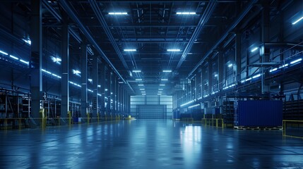 Poster - A spacious modern warehouse interior illuminated by blue lighting, emphasizing the industrial scale and clean, organized space. Modern Warehouse Interior with Blue Lighting

