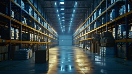 Poster - Inside a high-tech distribution warehouse, LED lighting illuminates rows of stocked shelves, emphasizing a modern logistic operation. High-Tech Distribution Warehouse with LED Lighting

