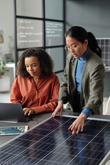 Aufkleber - Young African American woman typing on laptop keyboard while sitting next to Asian colleague making presentation of solar panel model