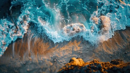 Leinwandbilder - Close up view of powerful ocean waves crashing onto the sandy beach shore.