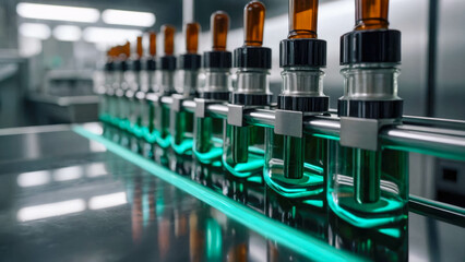 Poster - Glass medical ampoules on the conveyor belt in the laboratory