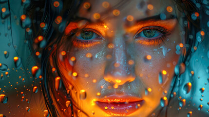 Wall Mural - Close-up portrait of a face of a beautiful girl with raindrops on the glass