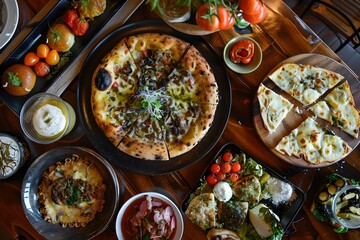 Wall Mural - Delectable Italian Pizza Feast on Rustic Wooden Table with Fresh Ingredients and Garnishes
