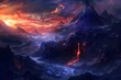 Dramatic Volcanic Landscape with Fiery Eruption and Stormy Skies in Fantastical Wilderness
