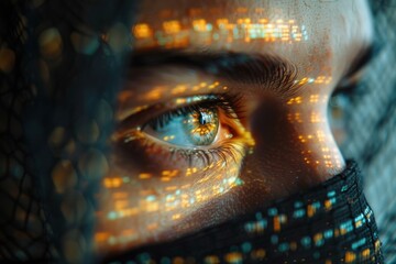 Aufkleber - A womans face is depicted with vibrant glowing lights in the background.