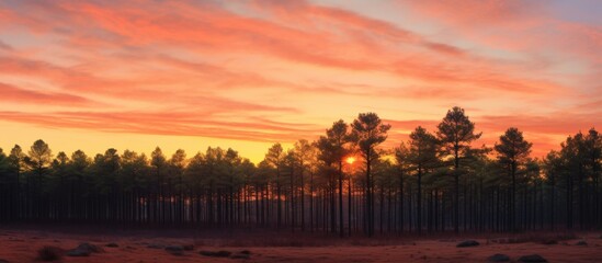 Wall Mural - The afterglow of a sunset illuminates the sky over a forest, with trees in the foreground silhouetted against the colorful atmosphere. The red sky at morning signals dusk approaching