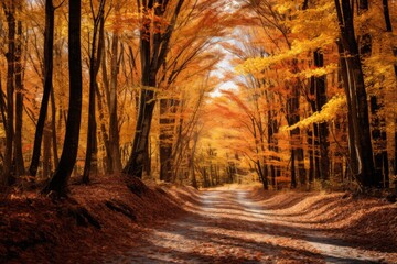 Wall Mural - Autumn forest road in sunny day.