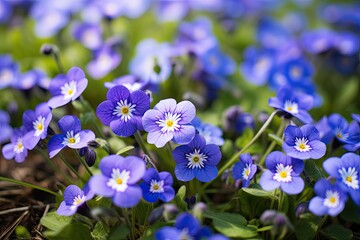 Wall Mural - Blue pansy flowers in the garden. Beautiful spring background.