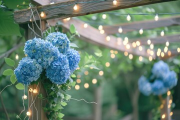 Wall Mural - Beautiful blue hydrangea on the background of garlands