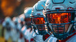 Close-up of American football players lined up in helmets, reflective visors glowing with the sunset light