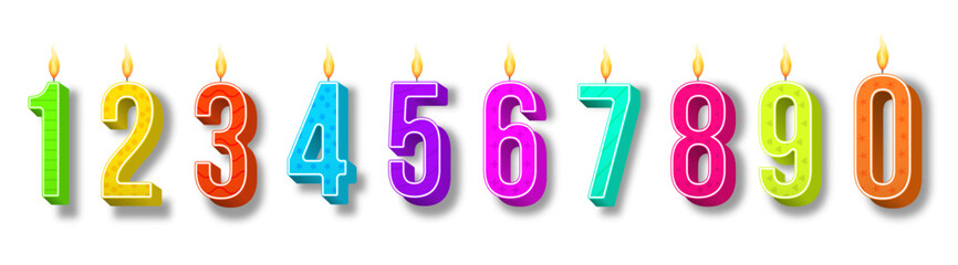 Celebration cake candles burning lights, birthday number and party candle. Birthday anniversary numbers candle. Template set of symbols for invitation to the anniversary. Vector illustration.
