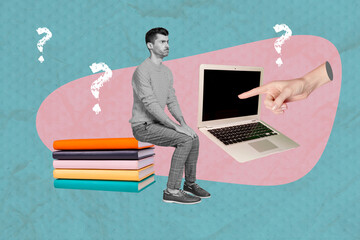 Poster - Creative picture collage sitting man question mark puzzled man laptop stack books brainstorming education concept drawing background