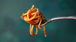 Spaghetti on fork isolated on blue background. Pasta with tomato sauces. Italian food cooking. Tasty dinner at Italia restaurant. Delicious lunch delivery ad.