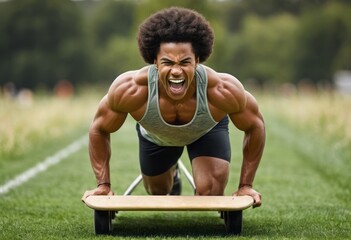 Canvas Print - Man doing an intense workout on a balance board outdoors.