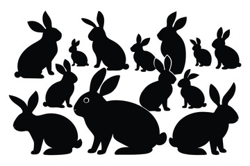 set of rabbit silhouettes on white background